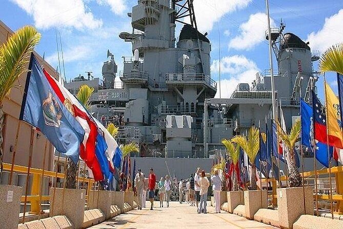 Battleships of WWII at Pearl Harbor Departing from Waikiki - Stop 2: USS Arizona Memorial—white structure, wreckage views, and the names wall